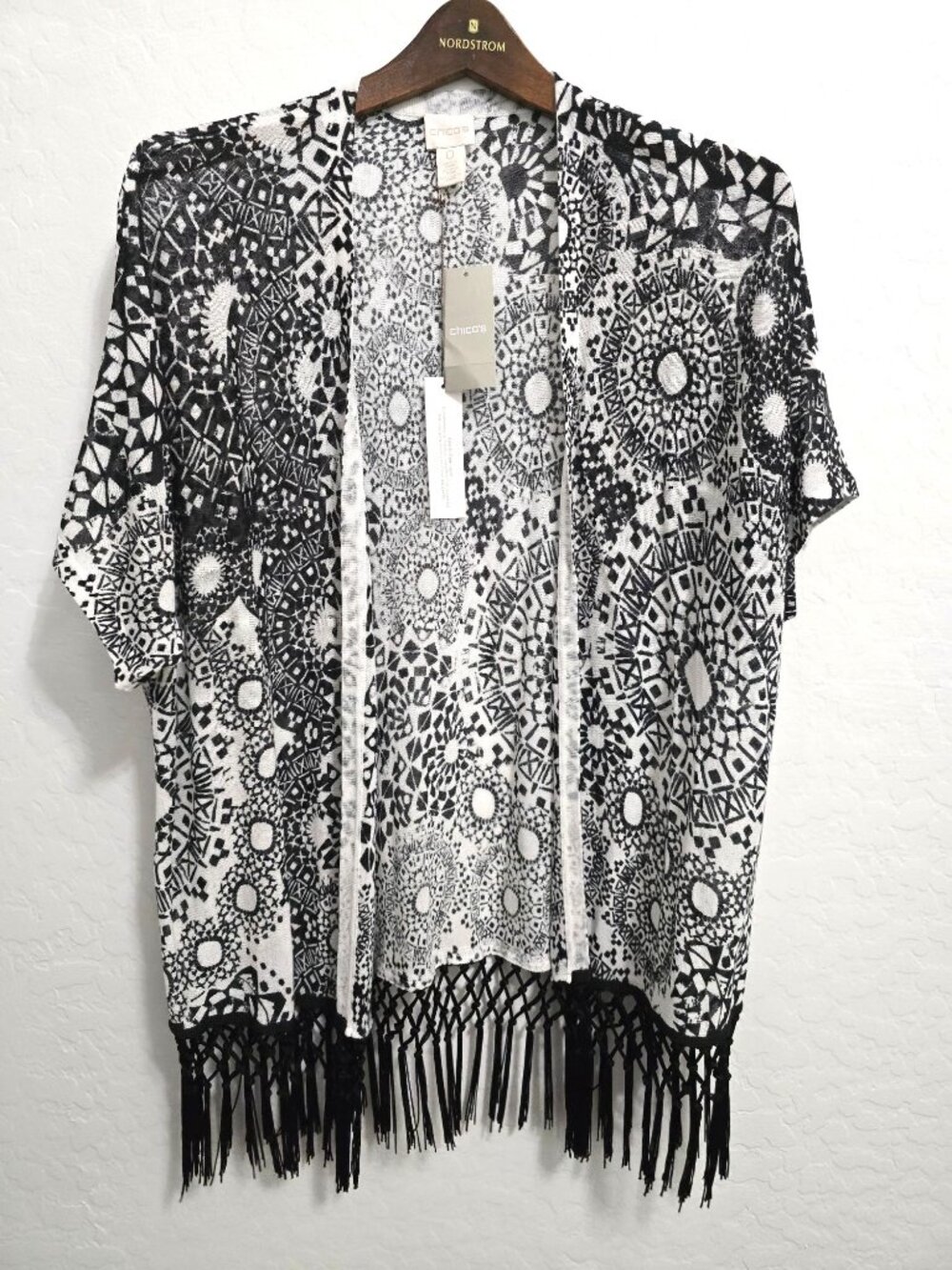 Chicos Black White Medallion Size O Fringe Eliska Cardigan Sweater Short Sleeve